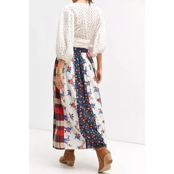 Anthropologie Let Me Be Contrast Americana Patchwork Maxi Skirt Red/Blue Sz XS