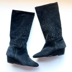 Anthropologie Matiko Black Suede Leather Gold Stud Wedge Heel Tall Boots Size 7