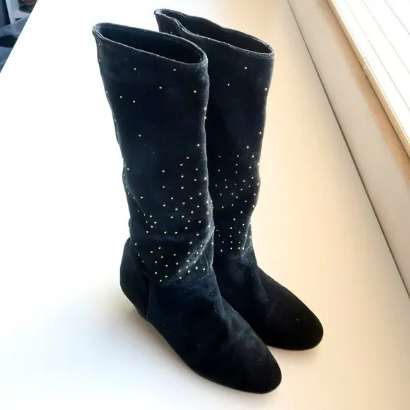 Anthropologie Matiko Black Suede Leather Gold Stud Wedge Heel Tall Boots Size 7
