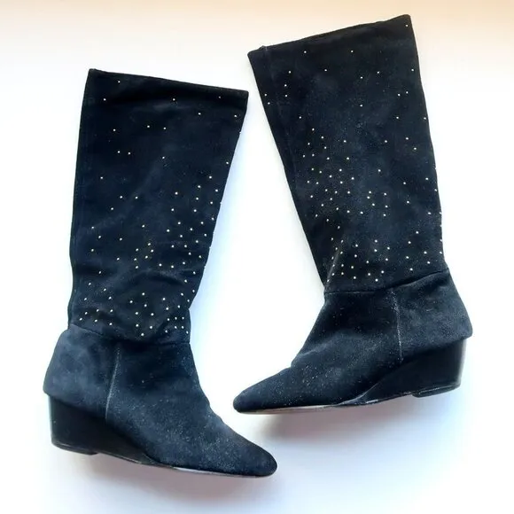 Anthropologie Matiko Black Suede Leather Gold Stud Wedge Heel Tall Boots Size 7