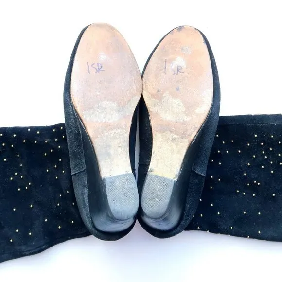 Anthropologie Matiko Black Suede Leather Gold Stud Wedge Heel Tall Boots Size 7