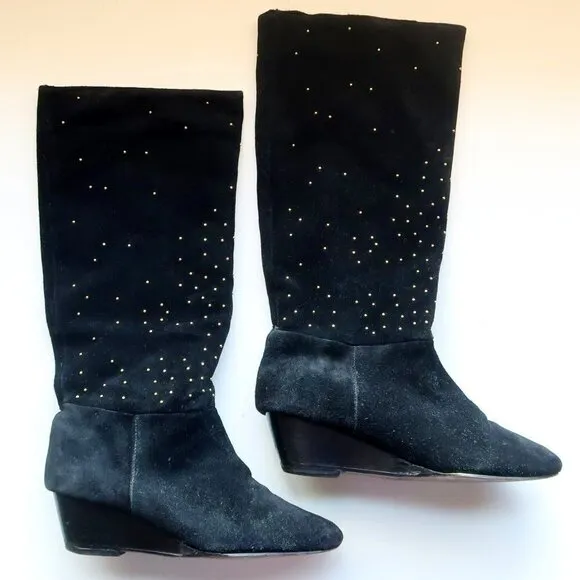 Anthropologie Matiko Black Suede Leather Gold Stud Wedge Heel Tall Boots Size 7