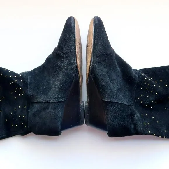 Anthropologie Matiko Black Suede Leather Gold Stud Wedge Heel Tall Boots Size 7