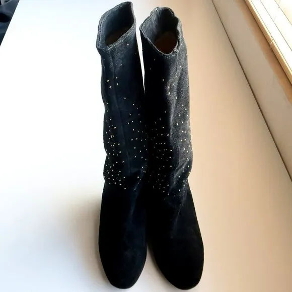 Anthropologie Matiko Black Suede Leather Gold Stud Wedge Heel Tall Boots Size 7