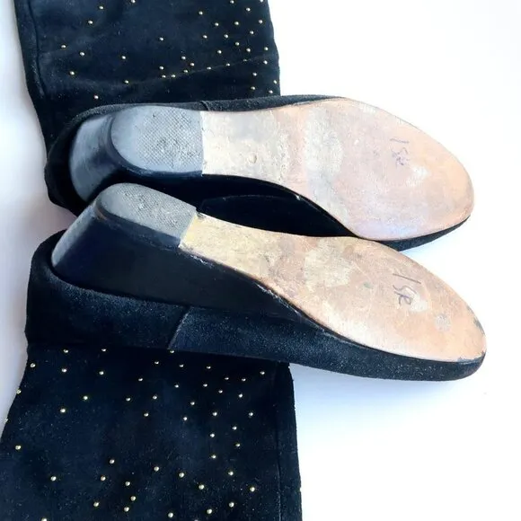 Anthropologie Matiko Black Suede Leather Gold Stud Wedge Heel Tall Boots Size 7