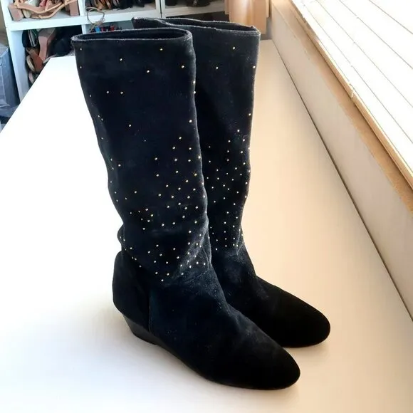 Anthropologie Matiko Black Suede Leather Gold Stud Wedge Heel Tall Boots Size 7