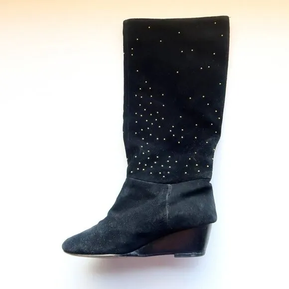 Anthropologie Matiko Black Suede Leather Gold Stud Wedge Heel Tall Boots Size 7