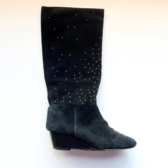 Anthropologie Matiko Black Suede Leather Gold Stud Wedge Heel Tall Boots Size 7