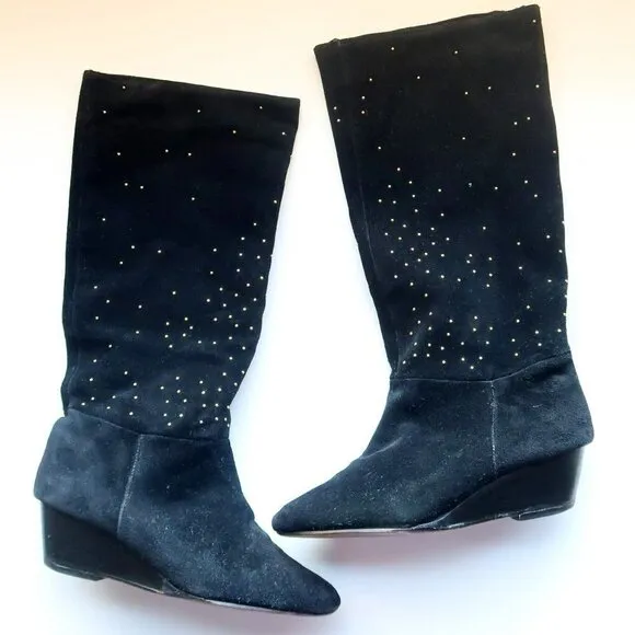 Anthropologie Matiko Black Suede Leather Gold Stud Wedge Heel Tall Boots Size 7