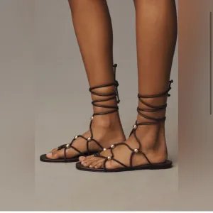 ANTHROPOLOGIE | NWT Leather Embellished Tie-Up Sandals in Brown