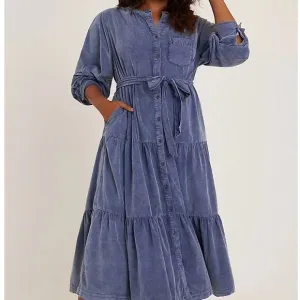 ANTHROPOLOGIE PILCRO NWT Marta 100% Cotton Tie Tiered Corduroy Midi Dress Blue M