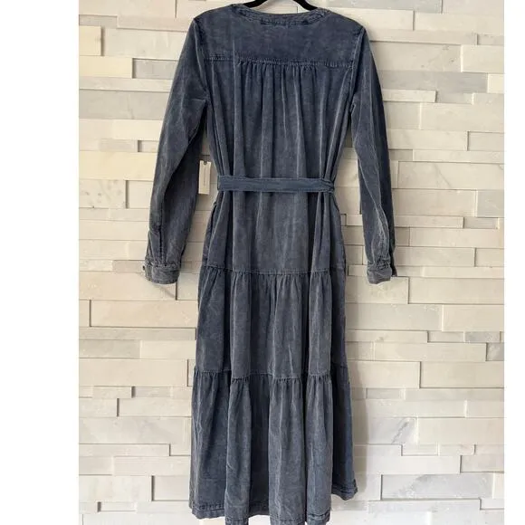 ANTHROPOLOGIE PILCRO NWT Marta 100% Cotton Tie Tiered Corduroy Midi Dress Blue M