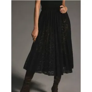 Anthropologie Sheer Lace Pleated Midi Black Skirt Elastic Waist Size Large EUC