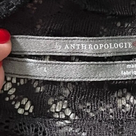 Anthropologie Sheer Lace Pleated Midi Black Skirt Elastic Waist Size Large EUC