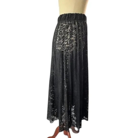 Anthropologie Sheer Lace Pleated Midi Black Skirt Elastic Waist Size Large EUC