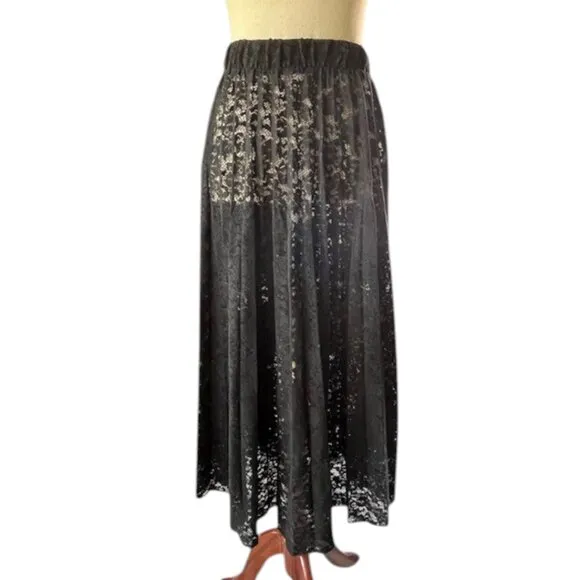 Anthropologie Sheer Lace Pleated Midi Black Skirt Elastic Waist Size Large EUC