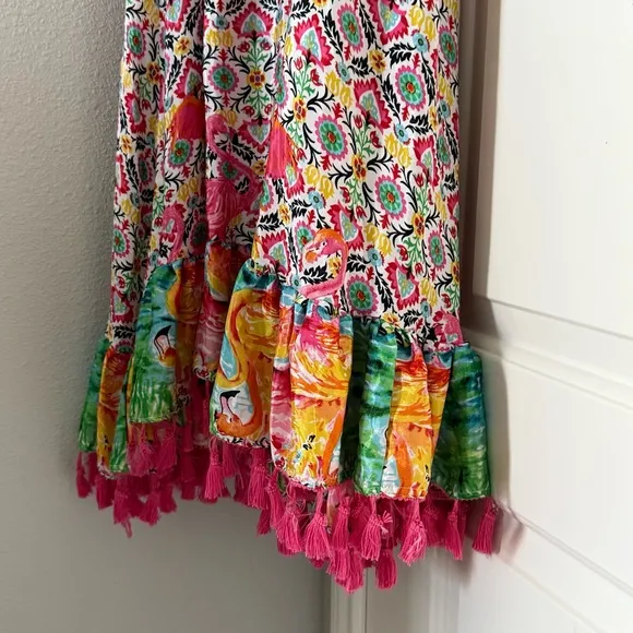 Antica Sartoria Vibrant Boho Festival Dress Tie-Dye Fringe Tassel Flowy Bright
