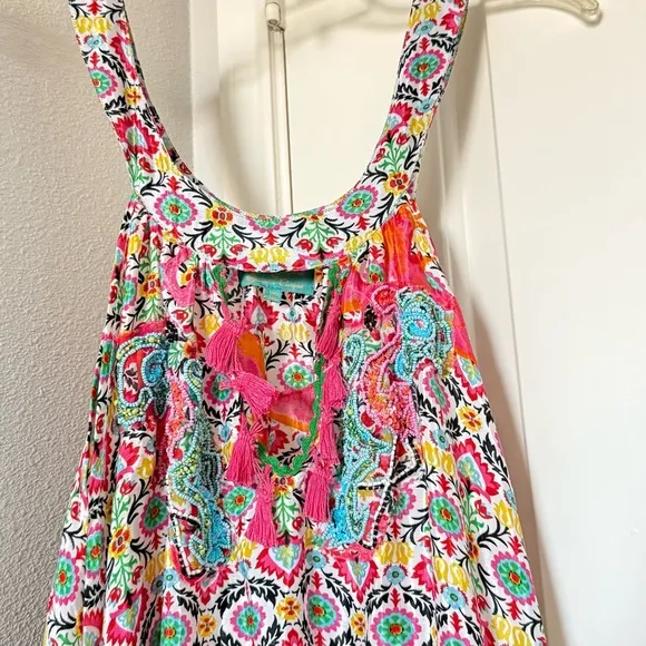 Antica Sartoria Vibrant Boho Festival Dress Tie-Dye Fringe Tassel Flowy Bright