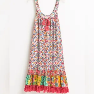 Antica Sartoria Vibrant Boho Festival Dress Tie-Dye Fringe Tassel Flowy Bright