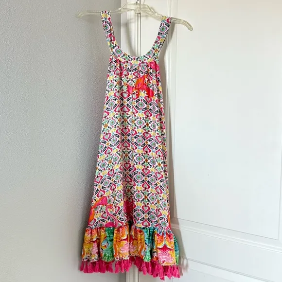 Antica Sartoria Vibrant Boho Festival Dress Tie-Dye Fringe Tassel Flowy Bright