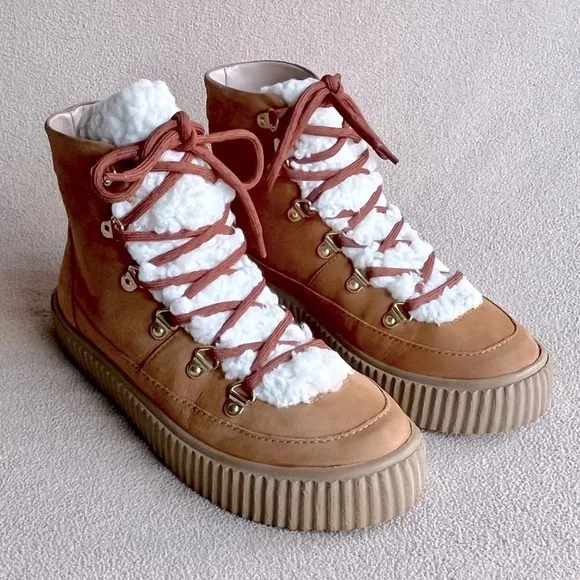 Aqua Shearling Winter Boots Women’s 5.5-Camel-Tan-Cream-Cozy-Autumn-Casual-NEW