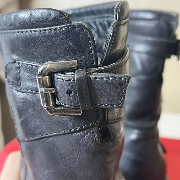 Aquatalia Black Leather Ankle Quilted Buckle Moto Grunge Mid-Calf Boots Sz 6.5
