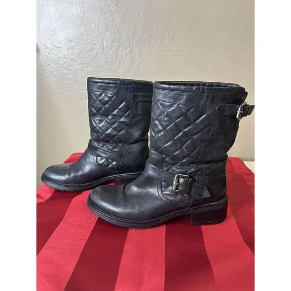 Aquatalia Black Leather Ankle Quilted Buckle Moto Grunge Mid-Calf Boots Sz 6.5