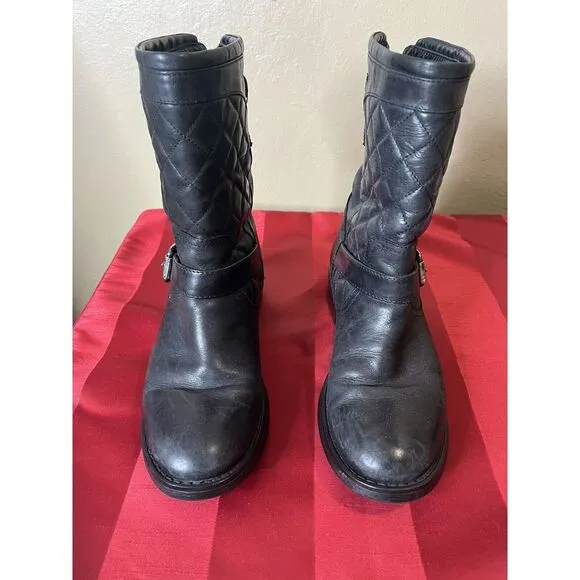 Aquatalia Black Leather Ankle Quilted Buckle Moto Grunge Mid-Calf Boots Sz 6.5