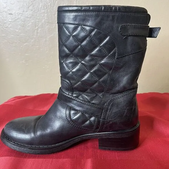 Aquatalia Black Leather Ankle Quilted Buckle Moto Grunge Mid-Calf Boots Sz 6.5