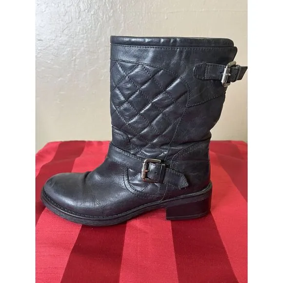 Aquatalia Black Leather Ankle Quilted Buckle Moto Grunge Mid-Calf Boots Sz 6.5