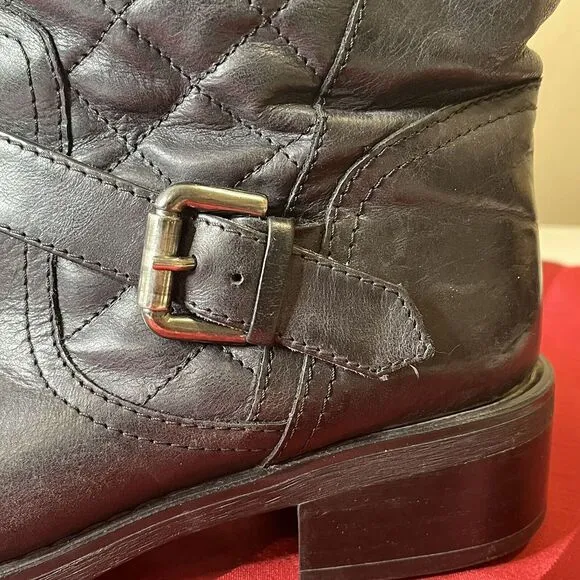 Aquatalia Black Leather Ankle Quilted Buckle Moto Grunge Mid-Calf Boots Sz 6.5