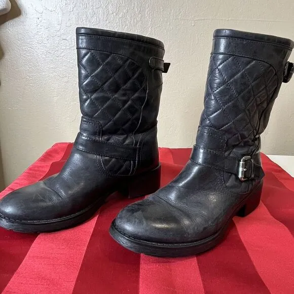 Aquatalia Black Leather Ankle Quilted Buckle Moto Grunge Mid-Calf Boots Sz 6.5