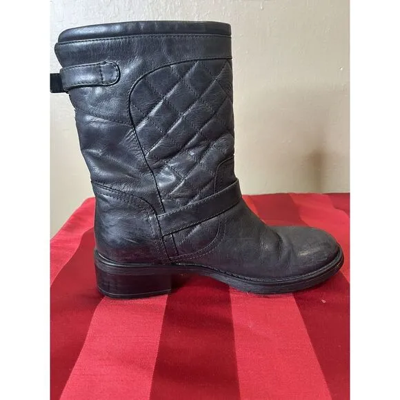 Aquatalia Black Leather Ankle Quilted Buckle Moto Grunge Mid-Calf Boots Sz 6.5