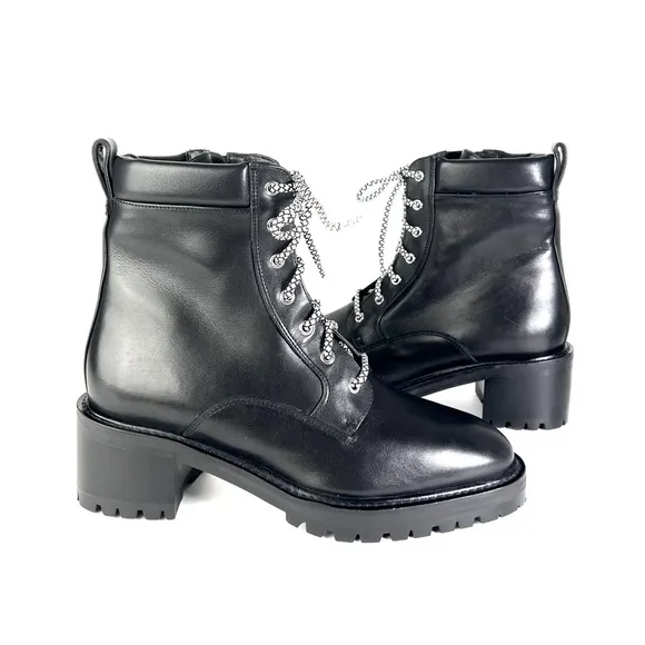 Aquatalia Sabine Black Leather Lace Up Boot Size 10