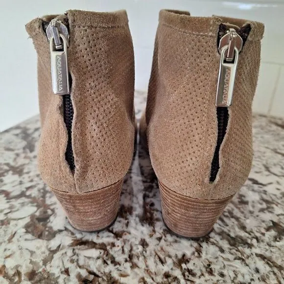 Aquatalia Tan France Perforated Suede heeled ankle boots size 8.5