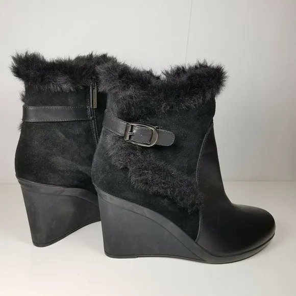 Aquatalia  women ankle boots Natalie Faux Fur black Suede Wedge heel sz 9.5 new