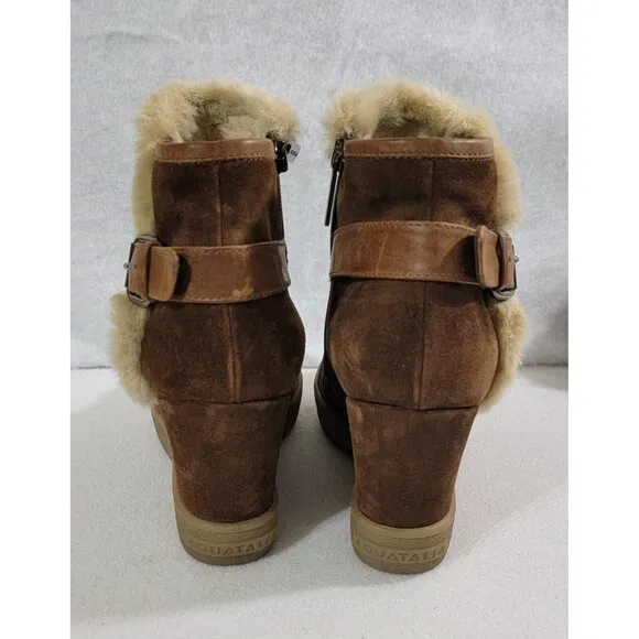Aquatalia Womens Chestnut Cameron Faux Fur Trim Ankle Boots Side Zip Size 8.5