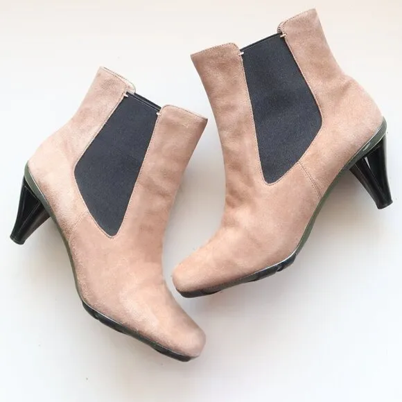 Asgi Beige Suede Leather Square Toe Heeled Chelsea Ankle Boots Booties 7.5