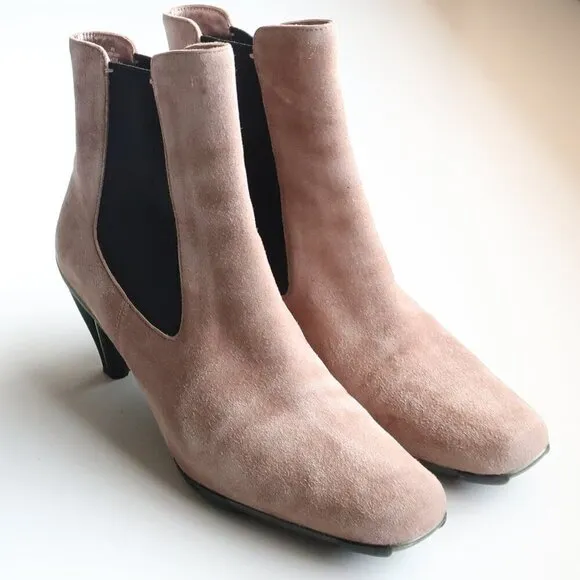 Asgi Beige Suede Leather Square Toe Heeled Chelsea Ankle Boots Booties 7.5