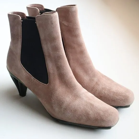 Asgi Beige Suede Leather Square Toe Heeled Chelsea Ankle Boots Booties 7.5