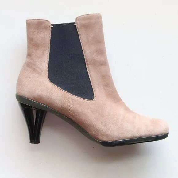 Asgi Beige Suede Leather Square Toe Heeled Chelsea Ankle Boots Booties 7.5