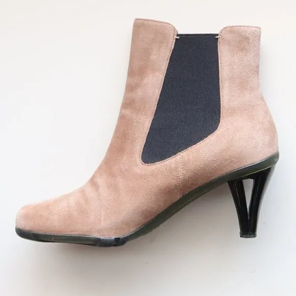 Asgi Beige Suede Leather Square Toe Heeled Chelsea Ankle Boots Booties 7.5
