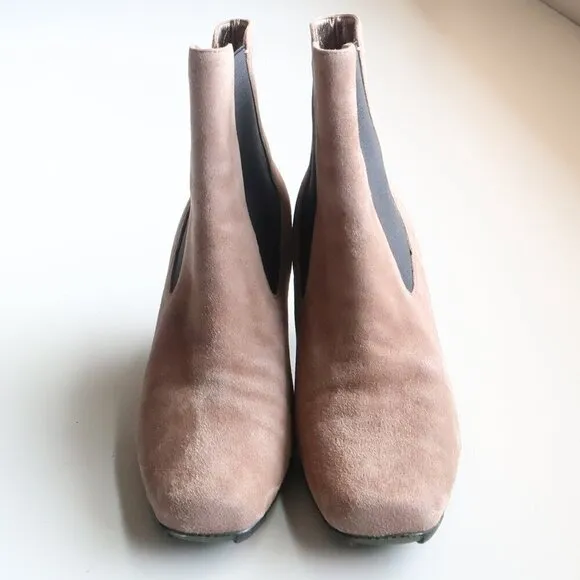 Asgi Beige Suede Leather Square Toe Heeled Chelsea Ankle Boots Booties 7.5
