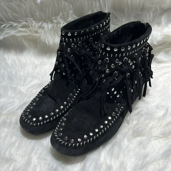 ASH Spirit Studded Suede Fringe Ankle Boots Size 39/8-8.5. B66