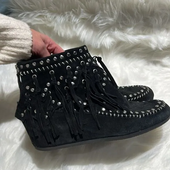 ASH Spirit Studded Suede Fringe Ankle Boots Size 39/8-8.5. B66
