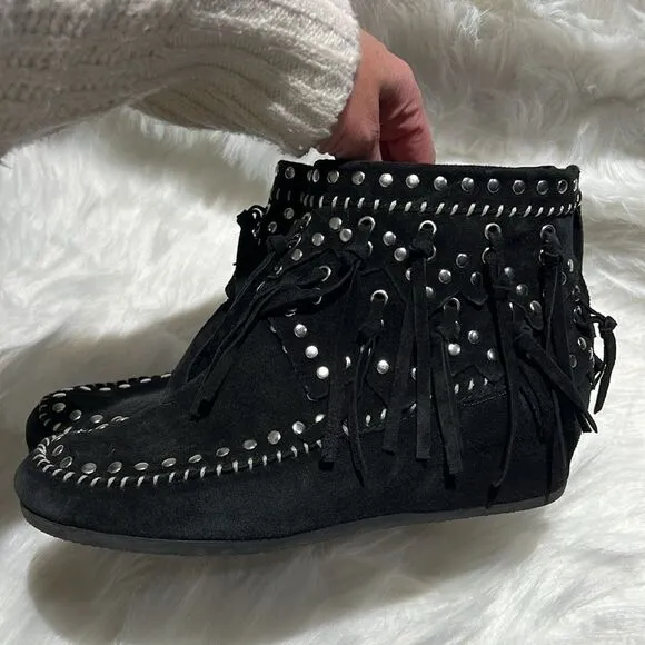 ASH Spirit Studded Suede Fringe Ankle Boots Size 39/8-8.5. B66