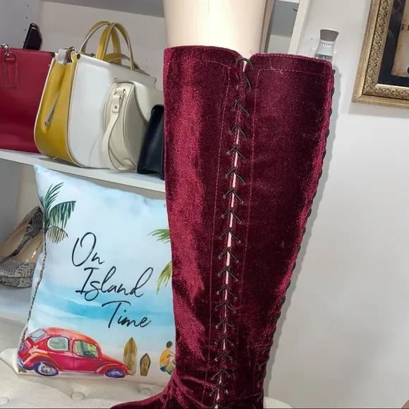 Ashley Stewart Burgundy Suede Elastic Lace Up High Boots Size 11M