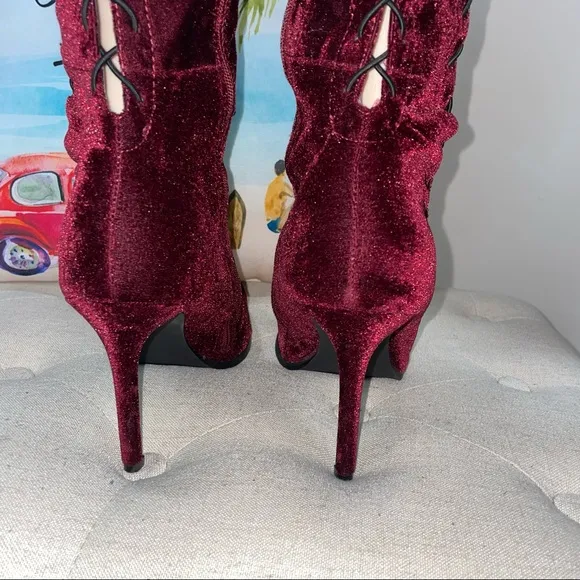 Ashley Stewart Burgundy Suede Elastic Lace Up High Boots Size 11M