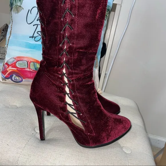 Ashley Stewart Burgundy Suede Elastic Lace Up High Boots Size 11M