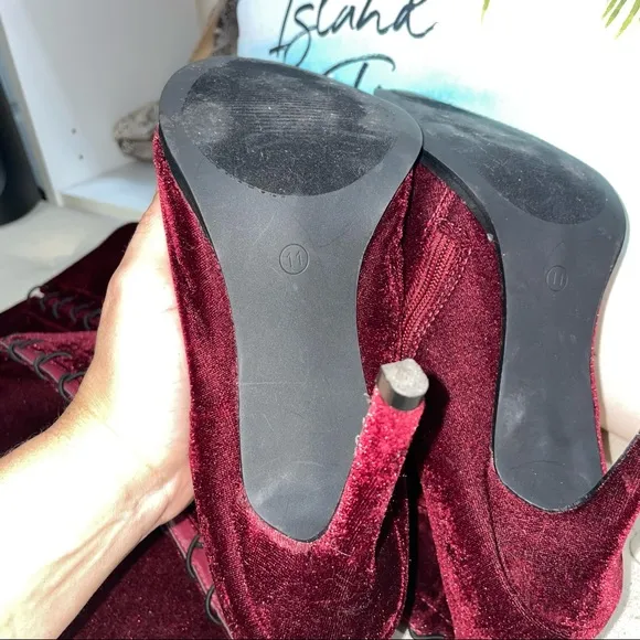 Ashley Stewart Burgundy Suede Elastic Lace Up High Boots Size 11M